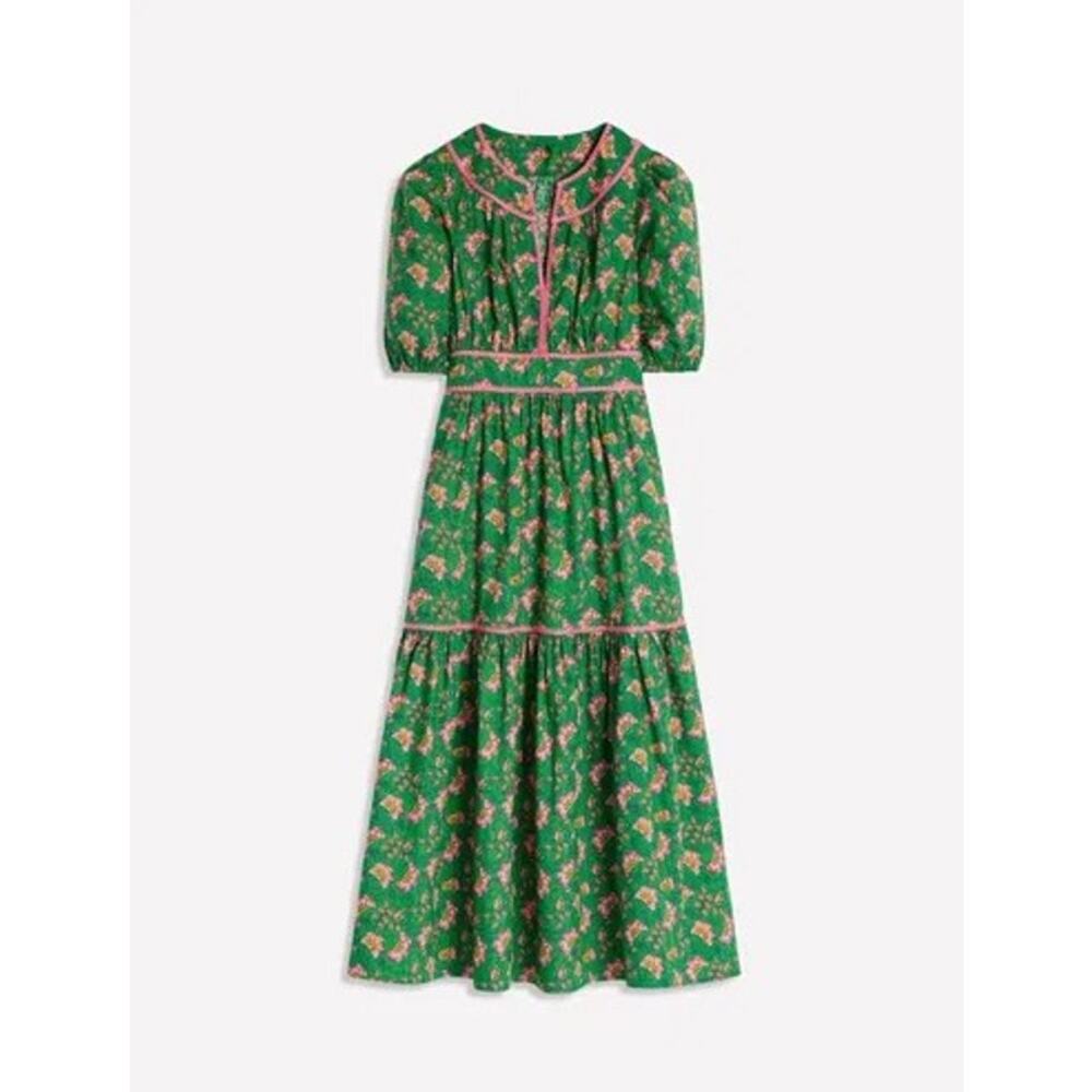 NWT Boden Rhea Embroidered Tiered Midi Dress 12P Green Floral Cotton Petite NEW
